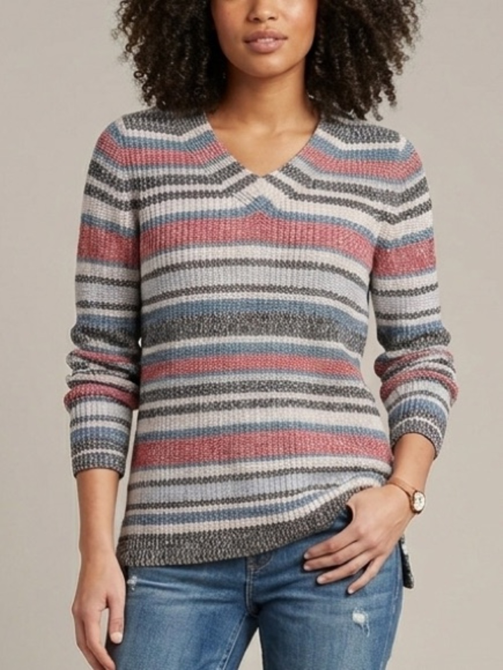 L.L. Bean Striped Knit V-Neck Long Sleeve Sweater Size Medium
